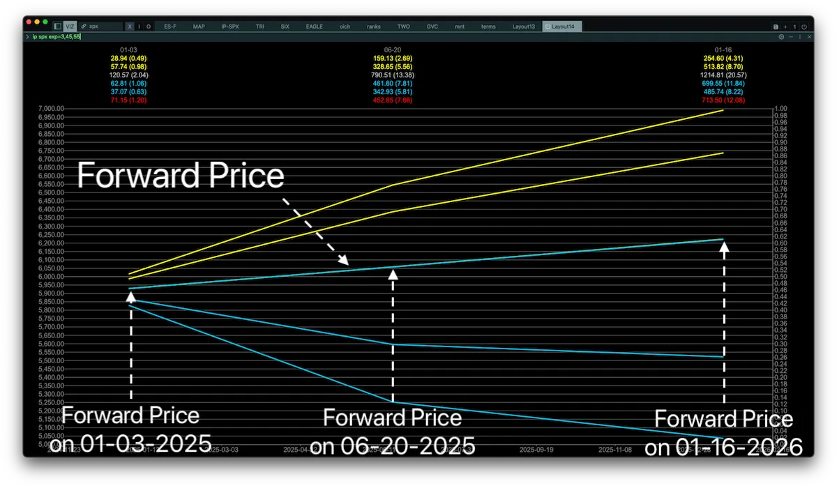 The ip app for SPX: the forward price of each expiration